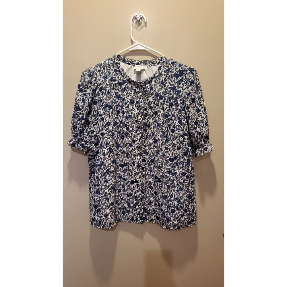 J.Crew Women Small Blue Floral Ruffle Blouse Puff Sleeve Button Front Cottagecor